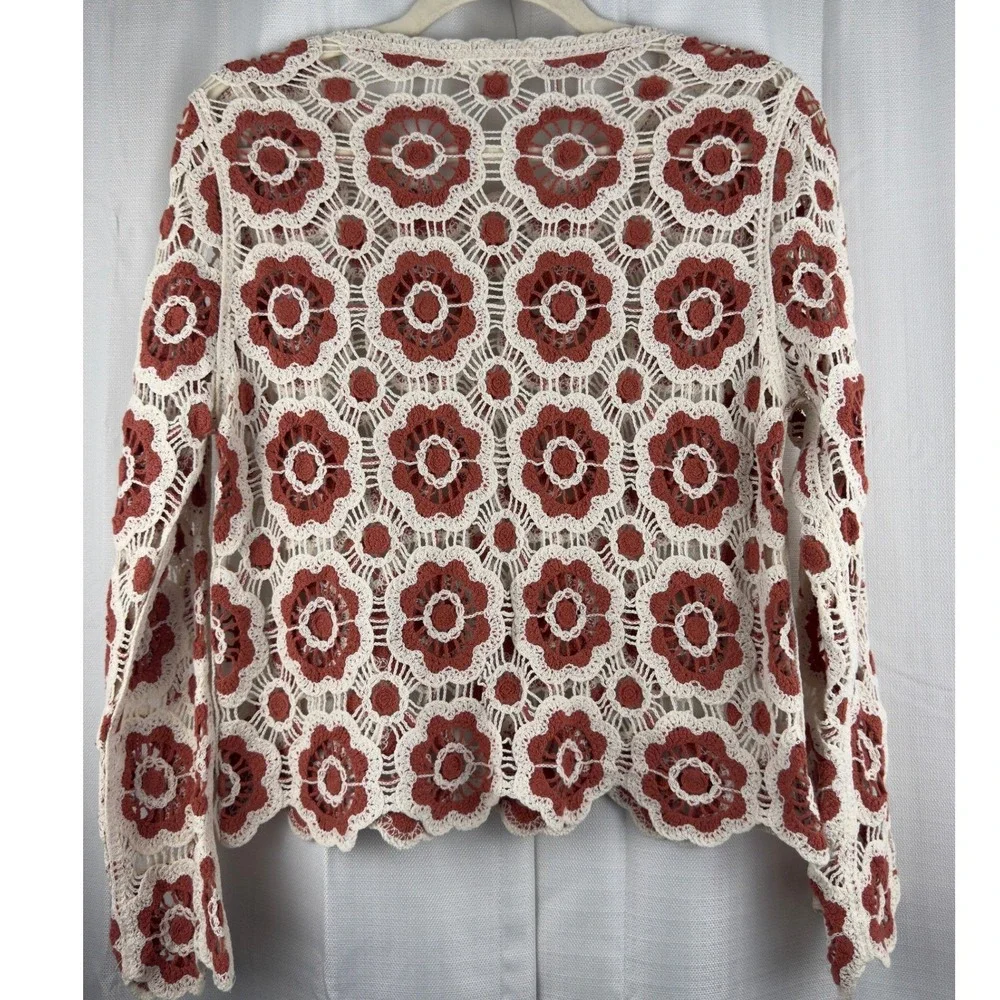 Adiva Crochet Knit Floral Sweater Rust Orange Cream Boho Long Sleeve Top Small